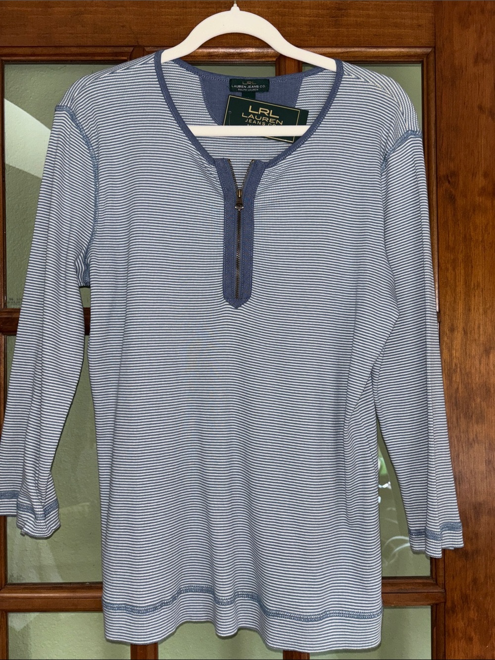 Lauren Ralph Lauren Light Blue & White Stripe Zip-Neck Long Sleeve Top